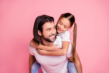 Sticker - Close up photo beautiful adorable she her little lady he him his daddy dad hold little princess piggyback hands arms funny funky wear casual white t-shirts denim jeans isolated pink bright background