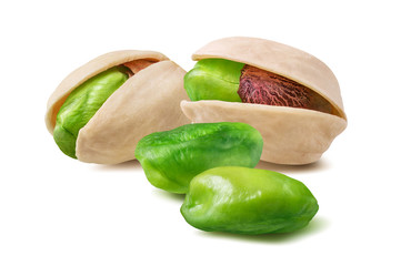 Wall Mural - shelled and unshelled pistachio nuts isolated on white background