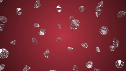 Wall Mural - Falling shining diamonds 3d render on red background, seamless loop 4k cg animation