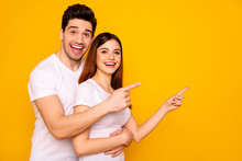 Close Up Side Profile Photo Beautiful She Her He Him His Pair Wondered Direct Indicate Fingers Empty Space Sale Discount Great Little Low Price Wear Casual White T-shirts Isolated Yellow Background