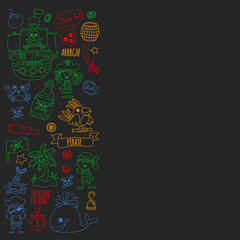  Vector pattern with pirate icons. Adventure, birthday party.