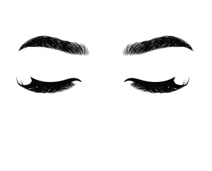 Hand-drawn woman's sexy luxurious eye with perfectly shaped eyebrows and full lashes. Idea for business visit card, typography vector.Perfect salon look.