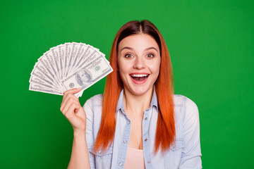 Wall Mural - Portrait nice lovely millennial luck lucky have victory success astonished impressed scream shout incredible wonder dressed jeans beautiful isolated on green background