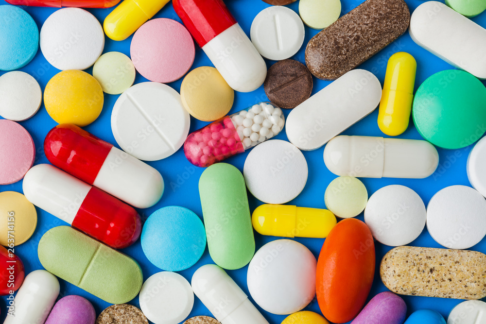 Heap of pills - medical background - obrazy, fototapety, plakaty 