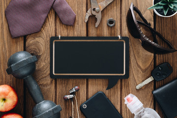 Poster - Happy Labor Day Fitness and healthy active wellness lifestyle background concept. Gentleman's accessories, dumbbells, and apples on wooden background with copy space for your advertisement.