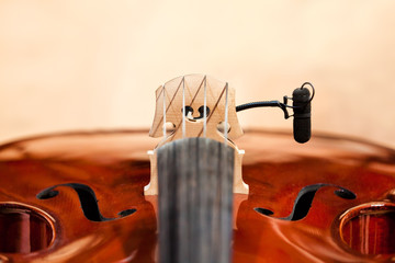 Fragment of a violin with a microphone closeup 