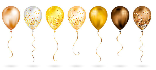 Set of 7 shiny gold realistic 3D helium balloons for your design. Glossy balloons with glitter and gold ribbon, perfect decoration for birthday party brochures, invitation card or baby shower