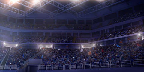 Professional gymnastic gym. Tribunes with fans. 3D illustration