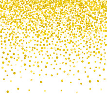 Gold Glitter Dots Confetti On Isolated Backdrop. Sequins With Metallic Shimmer And Sparkles. Template With Gold Glitter Dots For Greeting Card, Bridal Shower And Save The Date Invite.