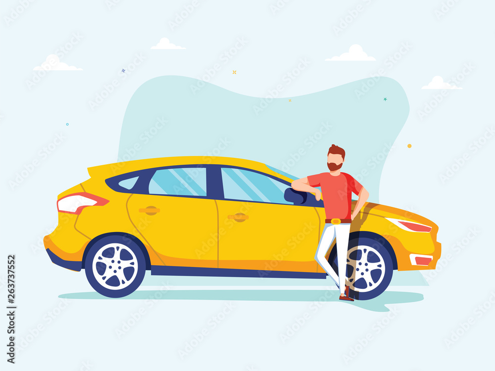 Happy successful man is standing next to a yellow car on a background. Vector illustration in cartoon style. - obrazy, fototapety, plakaty 