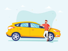 Happy Successful Man Is Standing Next To A Yellow Car On A Background. Vector Illustration In Cartoon Style.