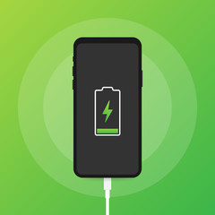 Poster - Smartphone charger adapter and electric socket, low battery notification. Vector illustration.