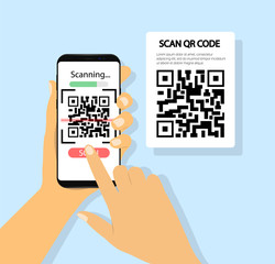Poster - Scan Qr code in mobile phone. Phone in hand.