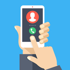 Poster - Incoming call. White smartphone with call screen. Answer the phone concept. Human hand holding cellphone, finger touching screen. Modern flat design graphic elements and objects. Vector illustration