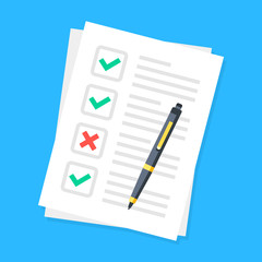 Poster - Checklist. Sheets of paper with check boxes, green checkmarks, red x mark and pen. List, survey, tasks concepts. Vector illustration