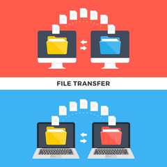 Poster - File transfer. Computers and laptops copying data. Information exchange, file management, sharing, uploading, downloading, backup concepts. Modern flat style design graphic. Vector illustration