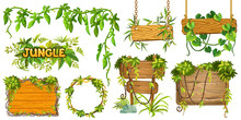 Set Game Wooden Boards And Branches Liana And Tropical Leaves. Isolated Gui Elements Plants Of Jungle And Cartoon Panels With Space For Text . Vector Illustration On White Background.