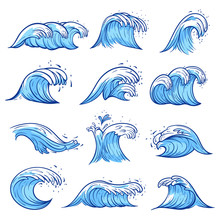 Sea Waves Set, Blue Marine And Ocean Nature