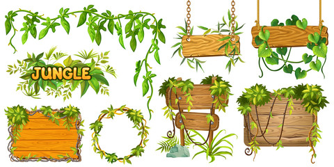 set game wooden boards and branches liana and tropical leaves. isolated gui elements plants of jungl
