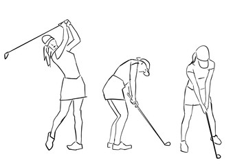 Wall Mural - Set of golfer girls. Female golf player in different poses. Hand drawn silhouette. Black lines drawing. Abstract contour. Vector collection. Active recreation.