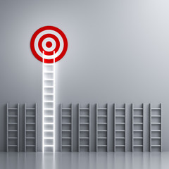 Poster - Stand out from the crowd and different creative idea concepts Longest neon light ladder glowing and aiming high to goal target among other short ladders on grey  background with shadows 3D rendering