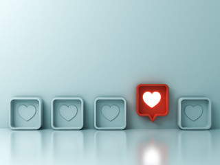 Aufkleber - One red social media notification love like heart pin icon pop up from others on light green pastel color wall background Stand out from the crowd and different creative idea concepts 3D rendering