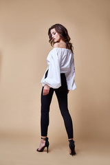 Sexy beautiful woman fashion glamour model brunette hair makeup wear silk blouse trousers clothes for every day casual party style accessory date walk girl skinny body shape studio.