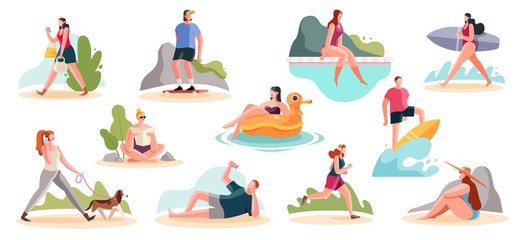 Wall Mural - Crowd of people performing summer outdoor activities on the beach - walking dogs, skateboarding, surfing. Group of male and female flat cartoon characters isolated on white background