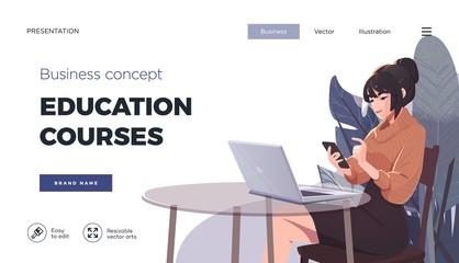Landing page template for online courses, distance education, Internet studying, training. Education Concept, training young female. Internet student