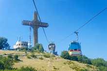 POV View Of Tourist On Ride Of Gondola Cablecar To Vodno Mountain And World Largest Cross