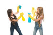 © be free - Household duties. Little helper. Girls cute kids cleaning around with mist sprayer. Keep it clean. Sisters rivalry. Who did better. Girls with yellow rubber protective gloves ready for cleaning