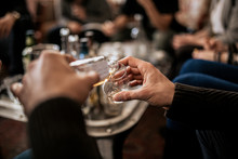 A Close Up Shot Of A Man Pouring Whisky From A Samlping Bottle. Concept Of Fine Alcohol, Tasting Of Japanese Whisky. Master Class And Degustation.