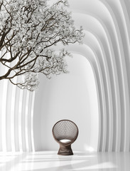 Futuristic interior background with armchair and blossom tree, 3d render
