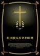 Luxurious obituary template with golden cross, golden vintage frame and light. Elegant luxurious funeral announcement with golden decor on black background. Vector template