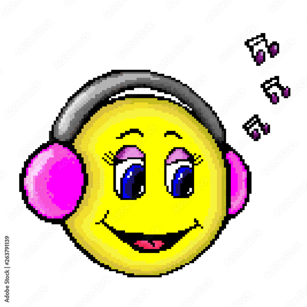 Pixel emotional symbol, funny, smiley yellow cute happy face in pink  headphones listening to music, vector. Stock Vector | Adobe Stock, image size:1000x1000