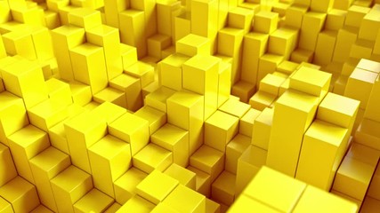 Poster - Abstract background with yellow moving cubes. Geometric composition with random boxes or columns. Motion design pattern. 3d loop animation. Seamless composition. 4K UHD