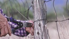 Slow Motion Close Up Detail Of A Male Farmer's Hands Trying To Twist New Wire On A Cedar Post Fence In West, Texas, 29.97 Fps, 4K.