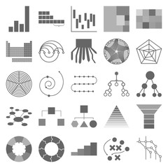 Poster - The charts set of icons - bar chart, Fishbone Diagram, Venn Diagram, stairs, timeline, scattered chart, Ferris wheelPuzzle
