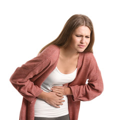 Pregnant woman suffering from toxicosis on white background