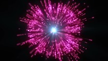 4K Animation Of Pink Explosion. Shockwave Burst. Explode Glowing Particles. Neon Blue Light Rays In Center.