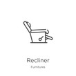 recliner icon vector from furnitures collection. Thin line recliner outline icon vector illustration. Outline, thin line recliner icon for website design and mobile, app development.