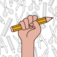 Sticker - hand with pencil write isolated icon