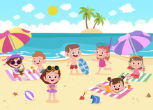 Children Playing On The Beach Vector Illustration