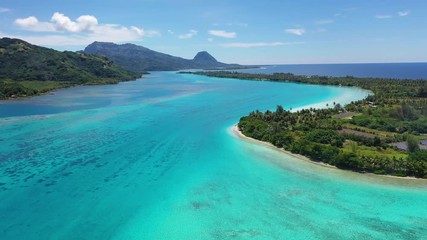 Wall Mural - aerial drone view of french polynesia tahiti island huahine and motu coral reef lagoon and pacific o