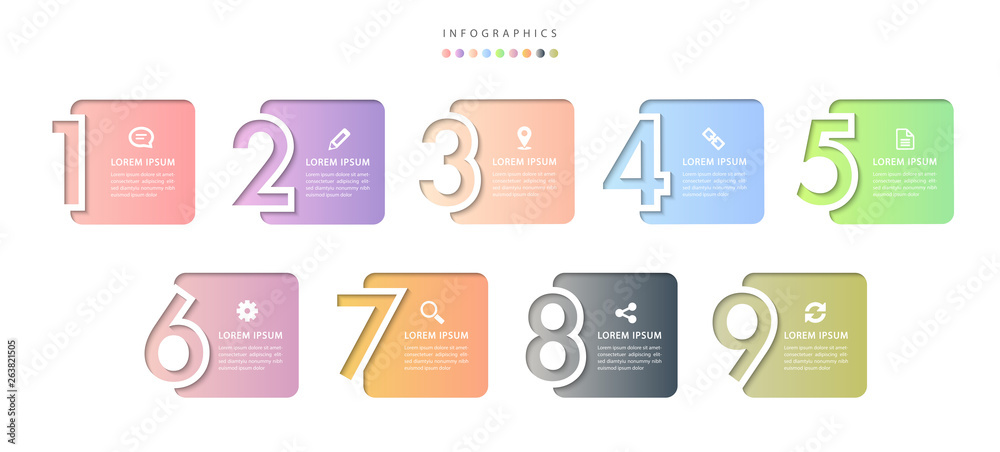Vector infographic design UI template colorful gradient 9 relief number labels and icons - obrazy, fototapety, plakaty 