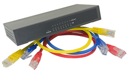 Multicolored network cables connected to router on a white