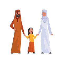 Sticker - Happy Arab Family in Traditional Clothes, Muslim Parents with Their Smiling Daughter Vector Illustration