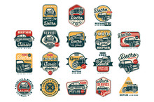 Car Repair Vintage Style Labels Set, Auto Service Logo, Badge Vector Illustrations On A White Background