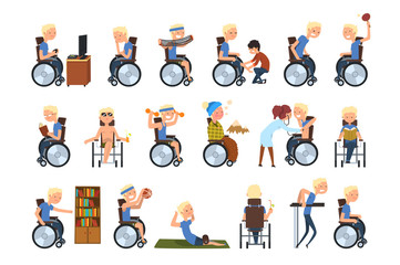 Sticker - Disabled man in wheelchair in different situations set, rehabilitation and active lifestyle of disabled people concept vector Illustration on a white background