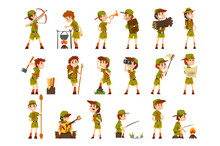 Scouting Boys Set, Boy Scouts With Hiking Equipment, Summer Camp Activities Vector Illustrations On A White Background